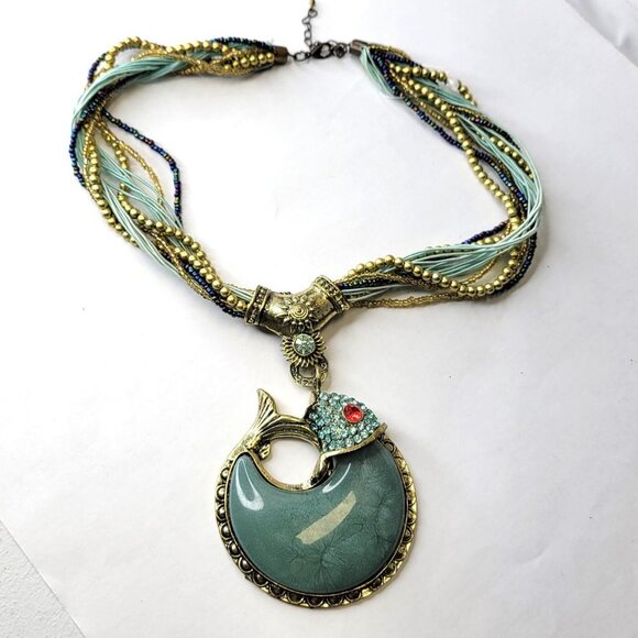 Statement Choker Pendant Necklace Fashion Gemstone Blue Fish Pendant - Picture 3 of 16